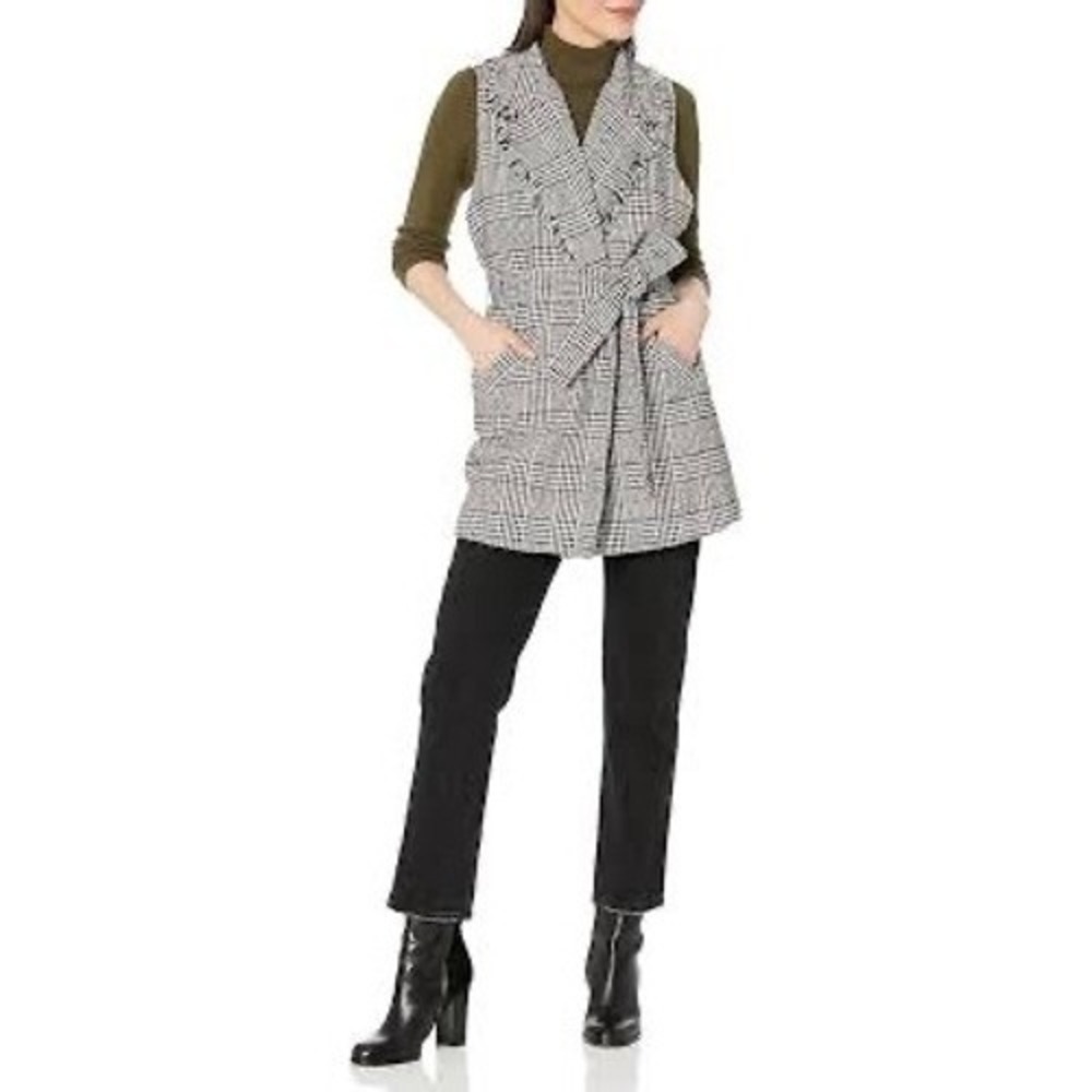 Democracy Womens Plaid Fringe Belted Longline Vest Black White Size M B3341YS5E